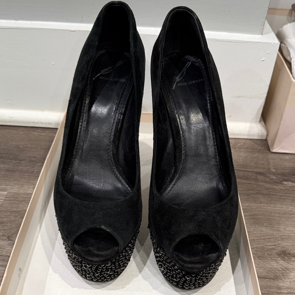 Brian Atwood Black Peep-Toe Heels with Studded Detail